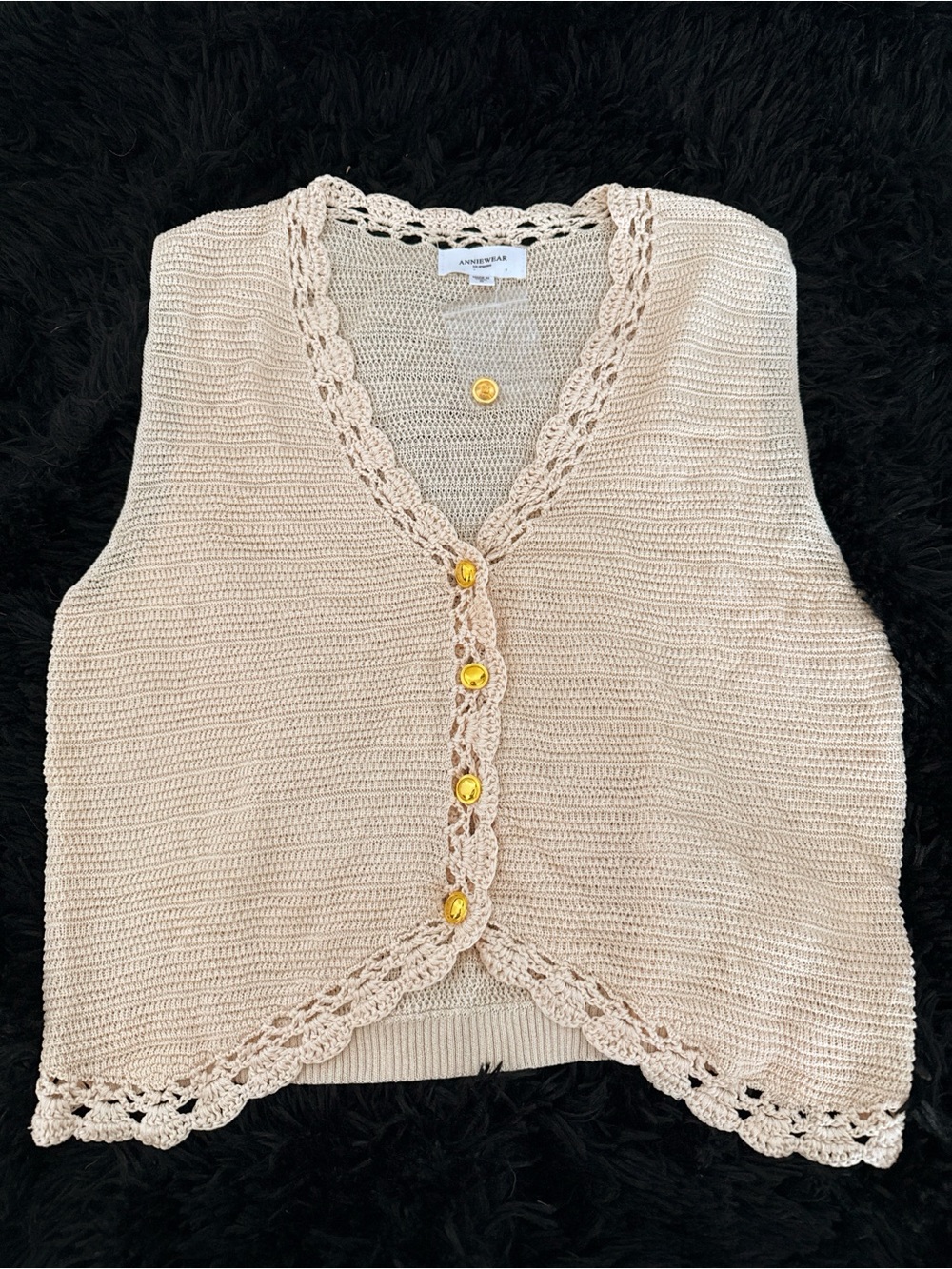 NET  Anniewear Cream Crochet-Trim Knit Crop Vest with Gold Buttons -